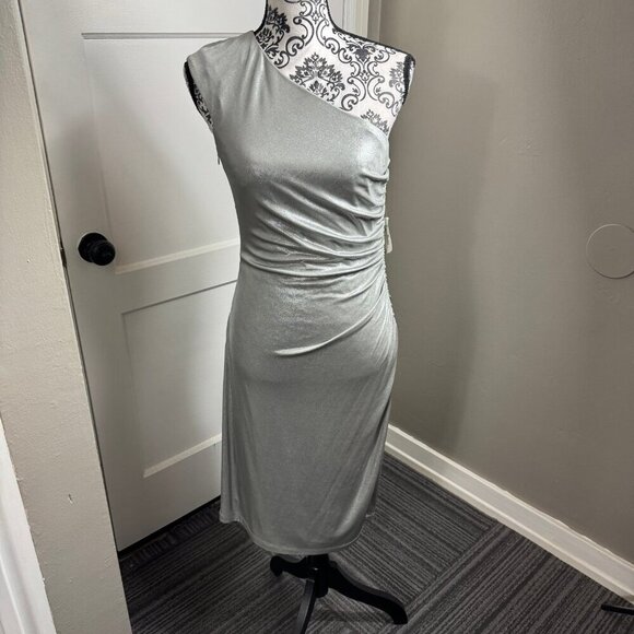 David Meister silver shimmer one shoulder knee length ruched cocktail dress - Picture 1 of 9